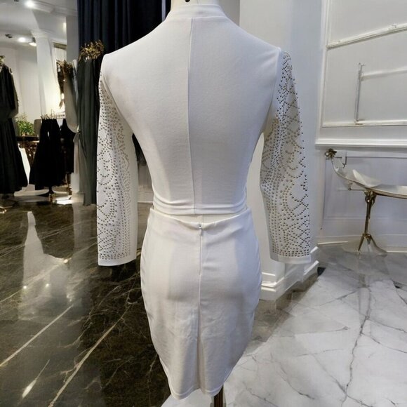 Banjul x Nasty Gal ✦ White Studded Skirt Set S ✦ Cropped Top Mini Skirt Zip-Back - Picture 6 of 16